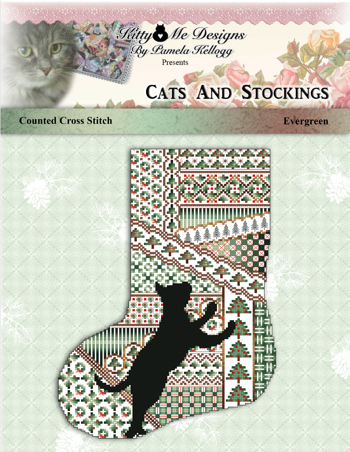 Cats And Stockings Evergreen Cross Stitch Pattern