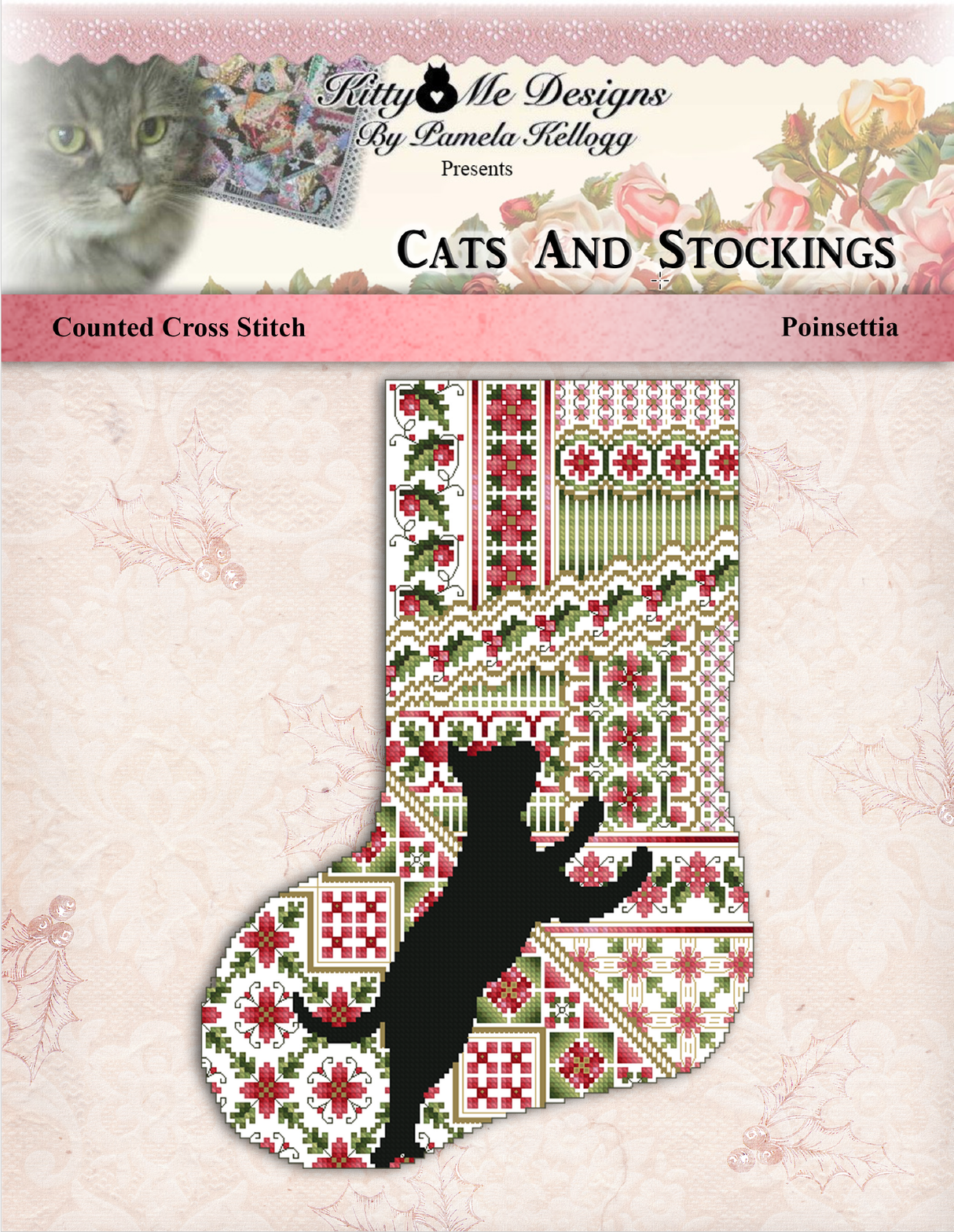 Cats And Stockings Poinsettia Cross Stitch Pattern