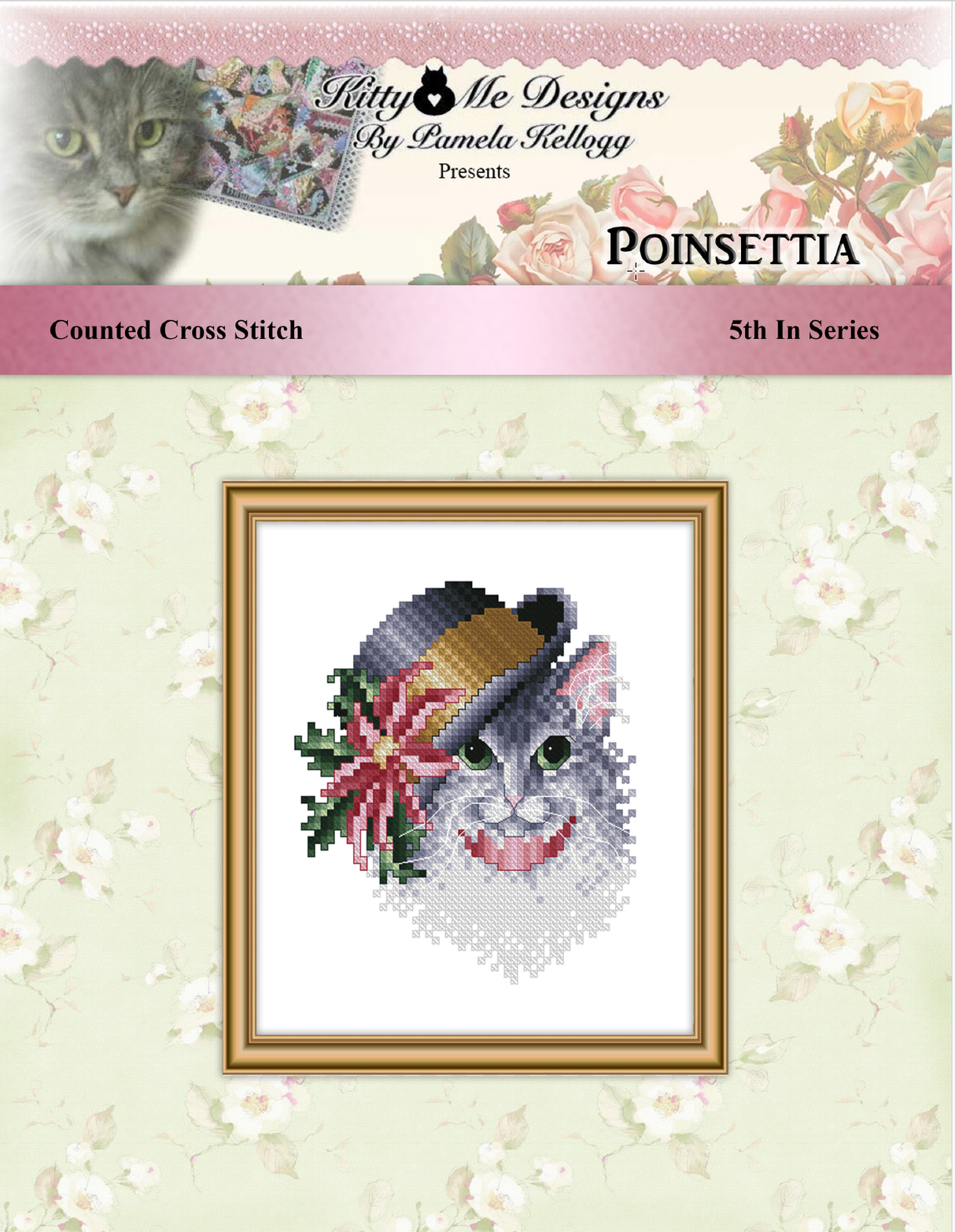 Seasonal Cats In Hats Poinsettia Cross Stitch Pattern