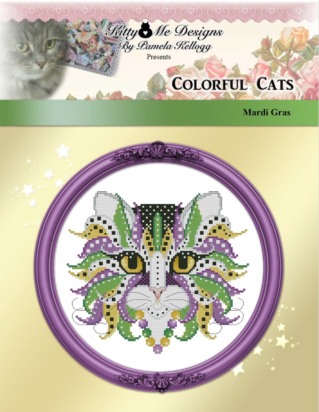 Colorful Cats Mardi Gras Cross Stitch Pattern