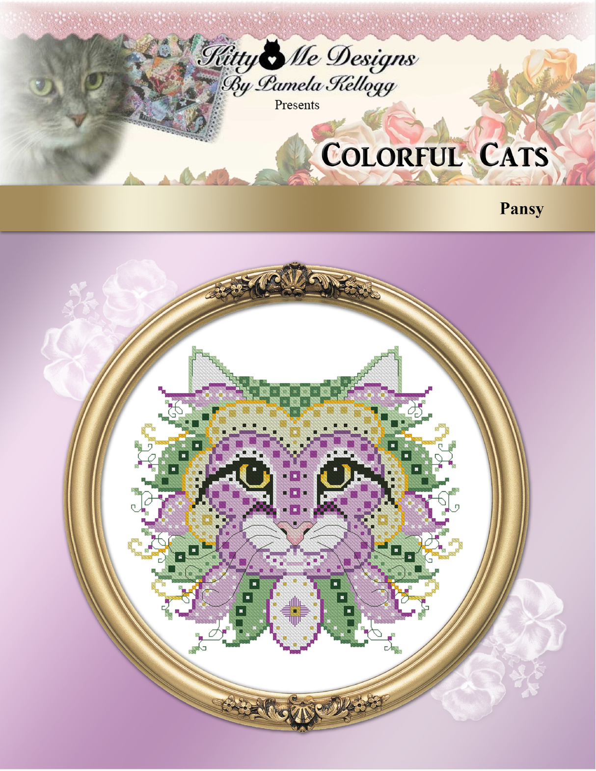 Colorful Cats Pansy Cross Stitch Pattern