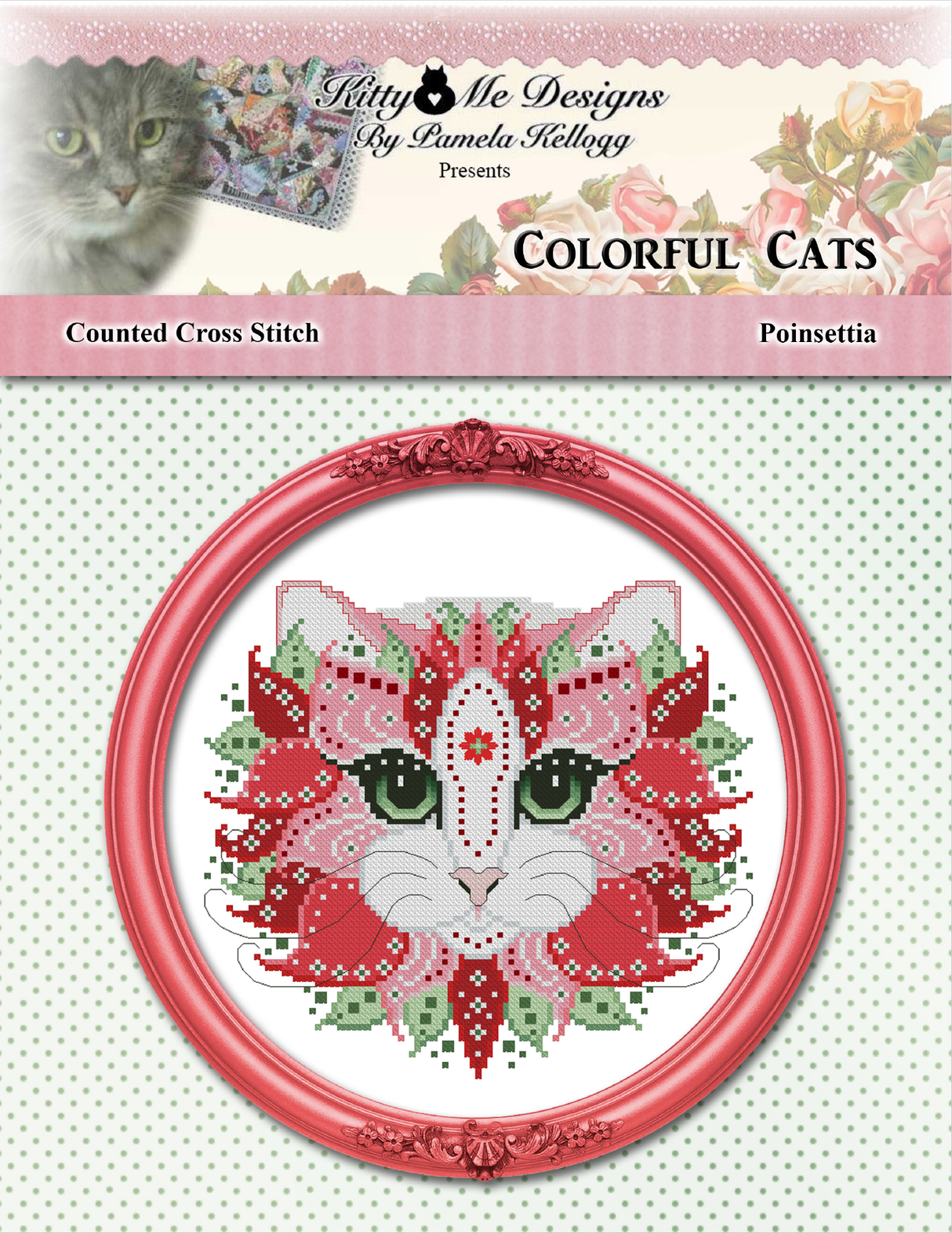 Colorful Cats Poinsettia Cross Stitch Pattern