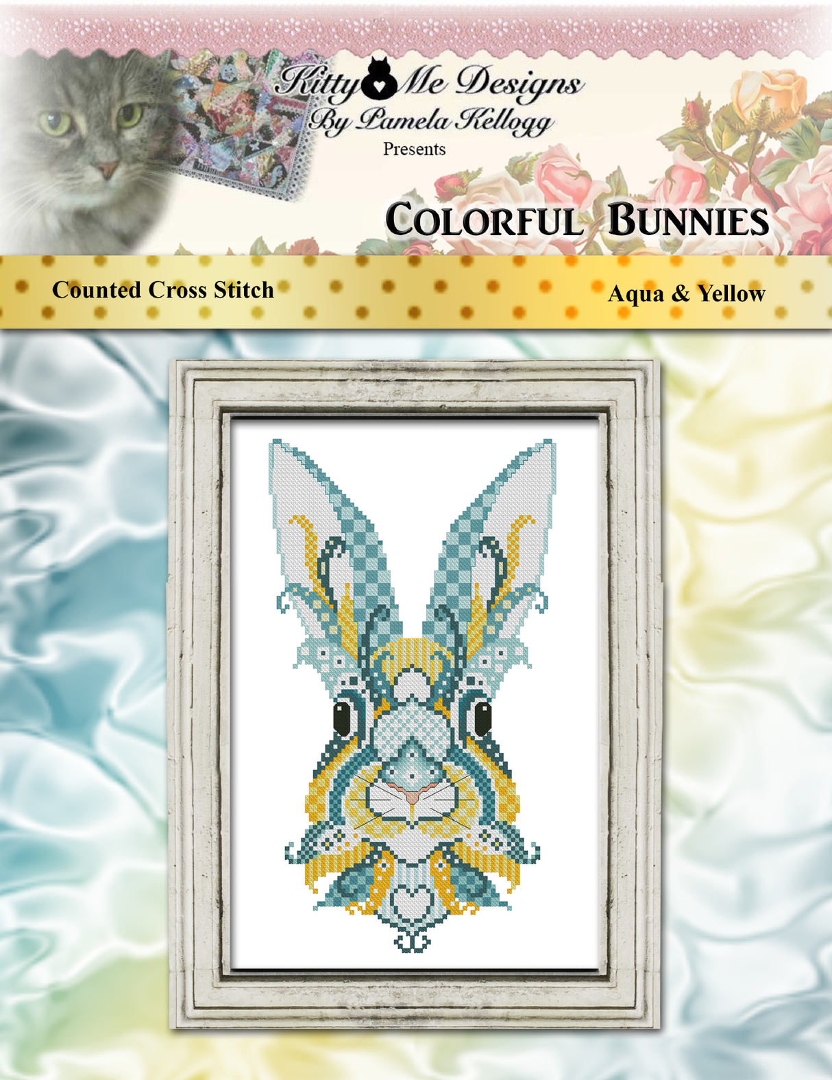 Colorful Bunnies Aqua and Yellow Cross Stitch Pattern