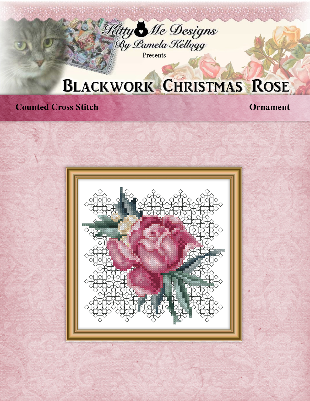 Blackwork Christmas Rose Ornament Cross Stitch Pattern