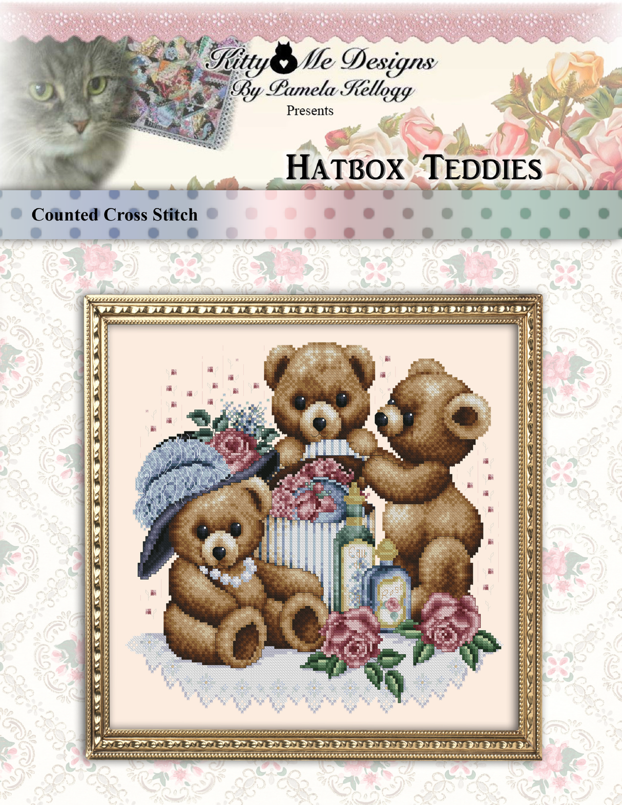 Hatbox Teddies Cross Stitch Pattern