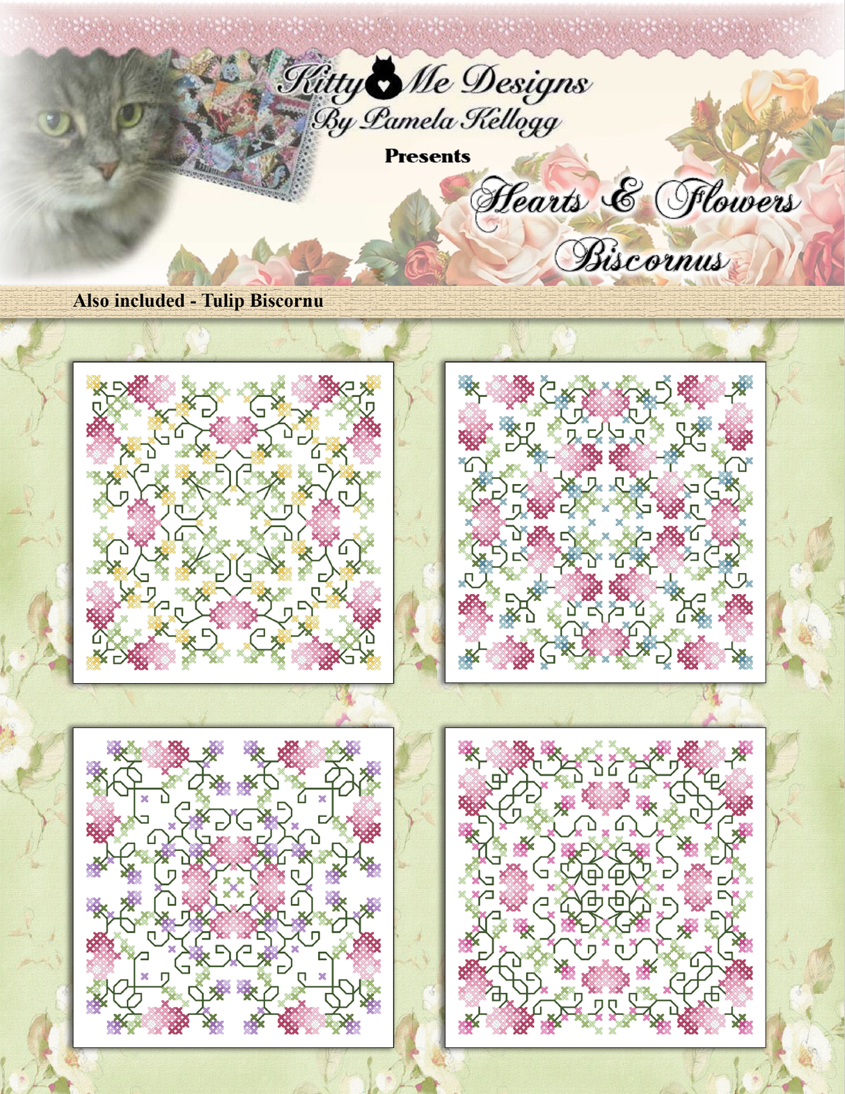 Hearts and Flowers Biscornus Cross Stitch Pattern