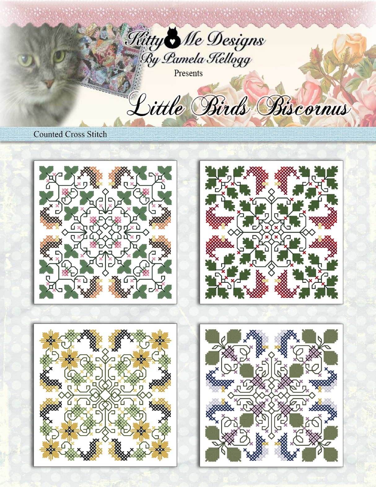 Little Birds Biscornus Cross Stitch Pattern