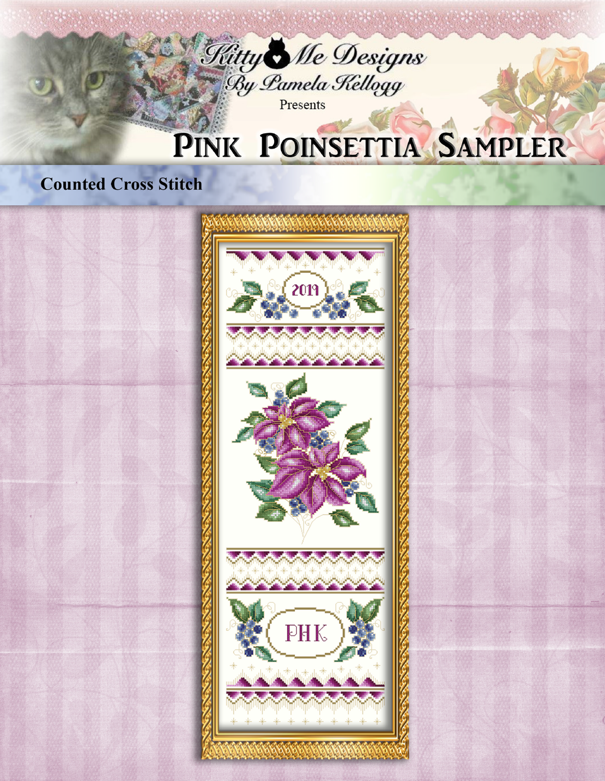 Pink Poinsettia Sampler Cross Stitch Pattern