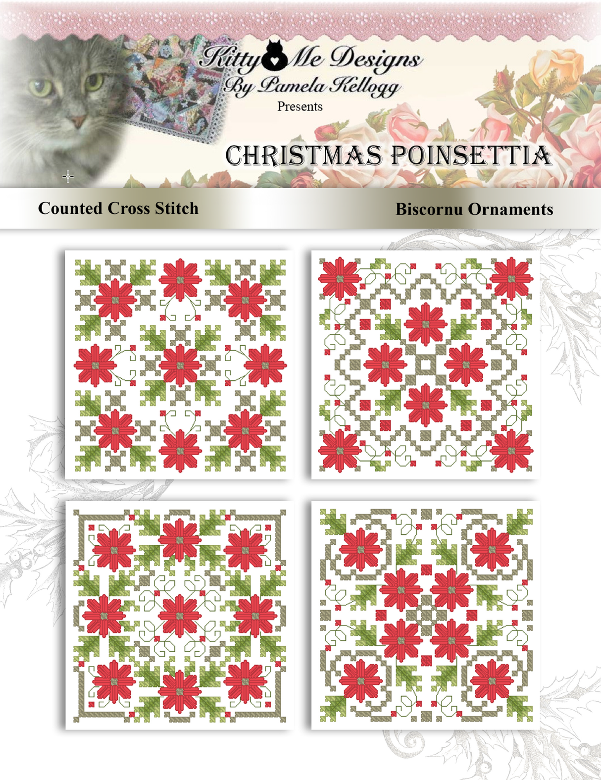 Poinsettia Biscornu Ornaments Cross Stitch Pattern