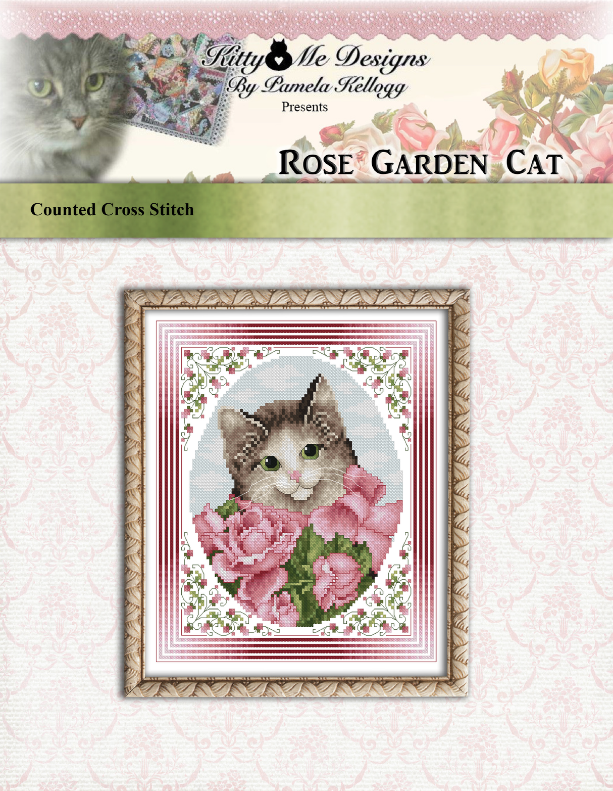 Rose Garden Cat Cross Stitch Pattern