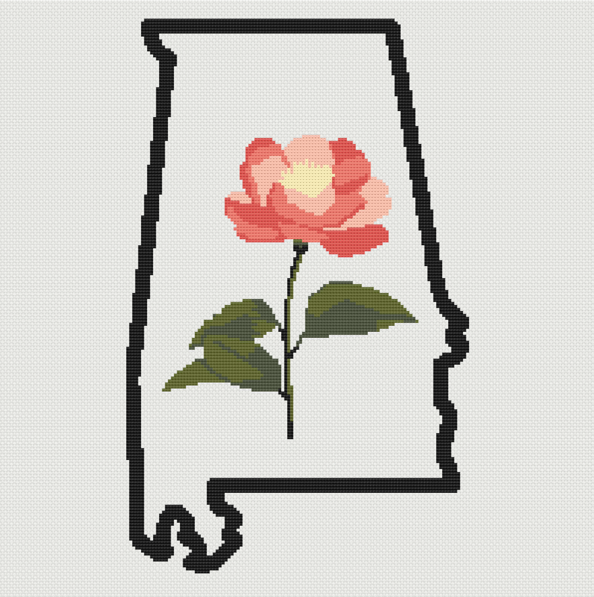 Alabama & Camellia Outline Map Black Cross Stitch Pattern