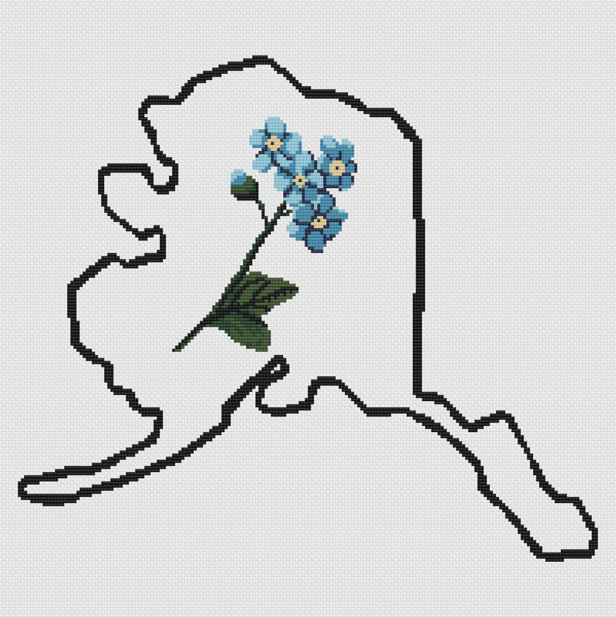 Alaska & Forget-me-not Outline Map Black Cross Stitch Pattern