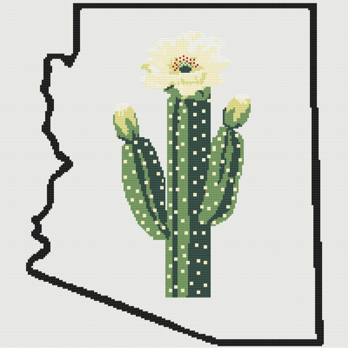 Arizona & Saguaro Cactus Blossom Outline Map Black Cross Stitch Pattern