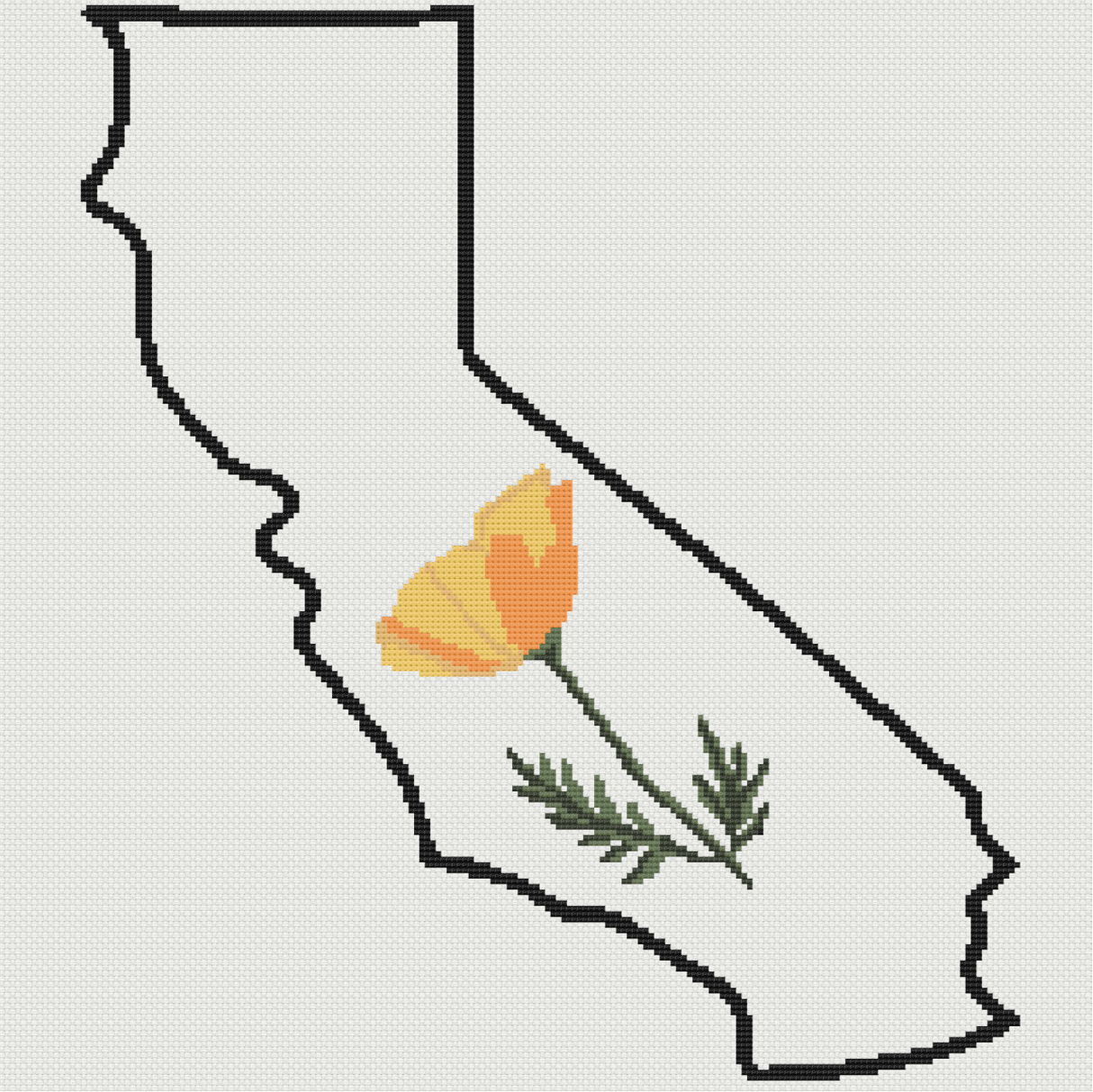 California & California Poppy Outline Map Black Cross Stitch Pattern
