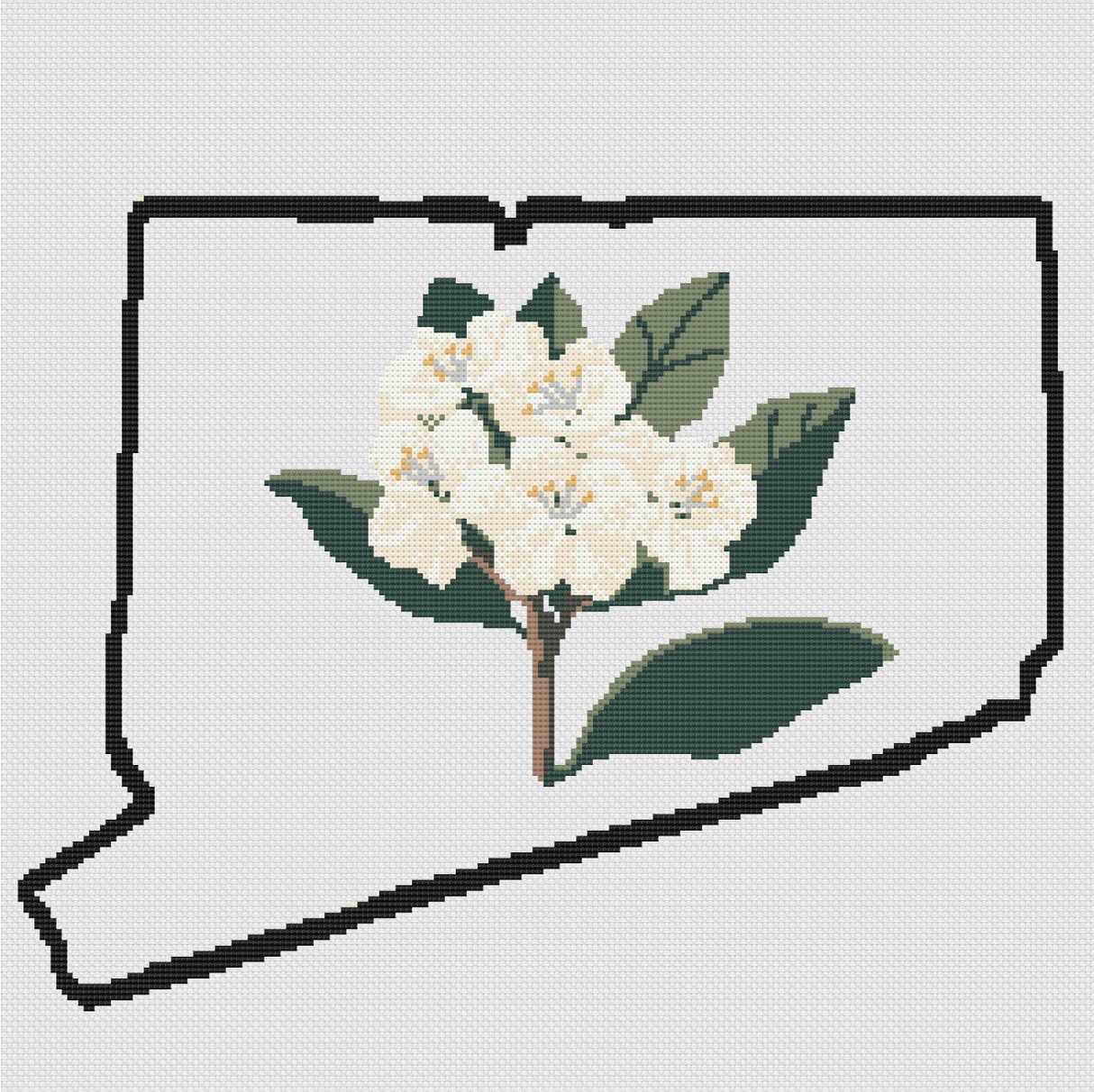 Connecticut & Mountain Laurel Outline Map Black Cross Stitch Pattern