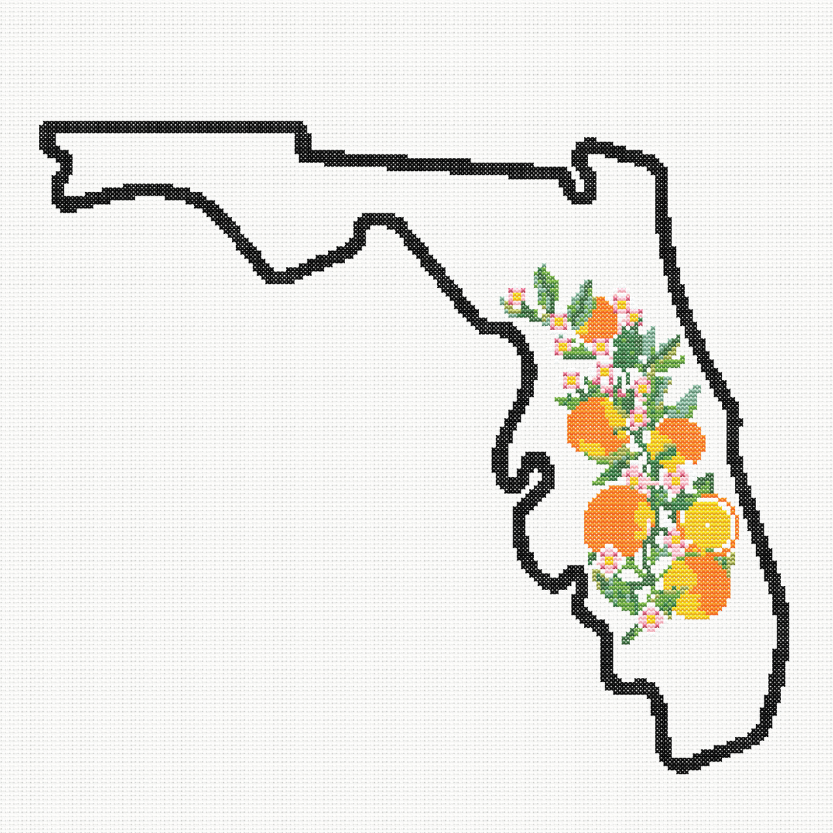 Florida & Orange Blossom Outline Map Black Cross Stitch Pattern