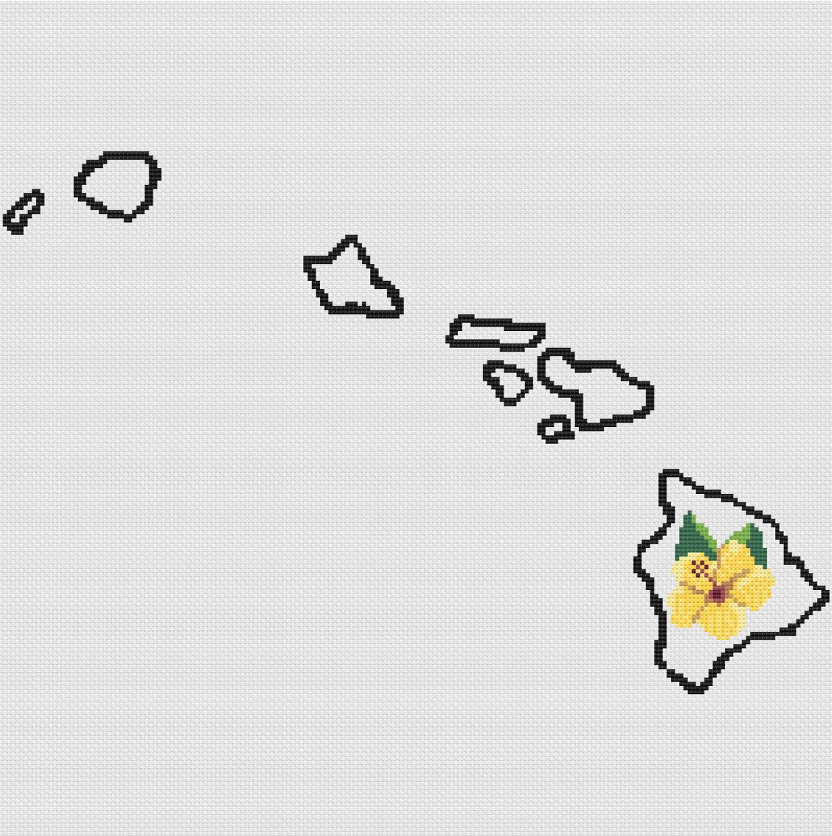 Hawaii & Yellow Hibiscus Outline Map Black Cross Stitch Pattern