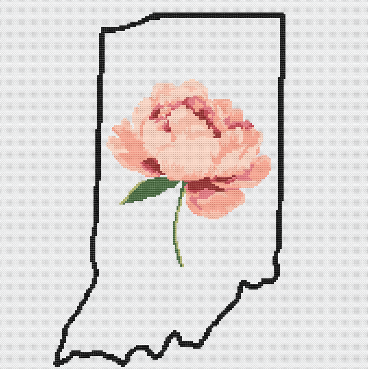 Indiana & Peony Outline Map Black Cross Stitch Pattern