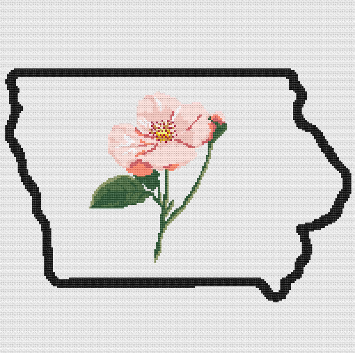 Iowa & Wild Prairie Rose Outline Map Black Cross Stitch Pattern