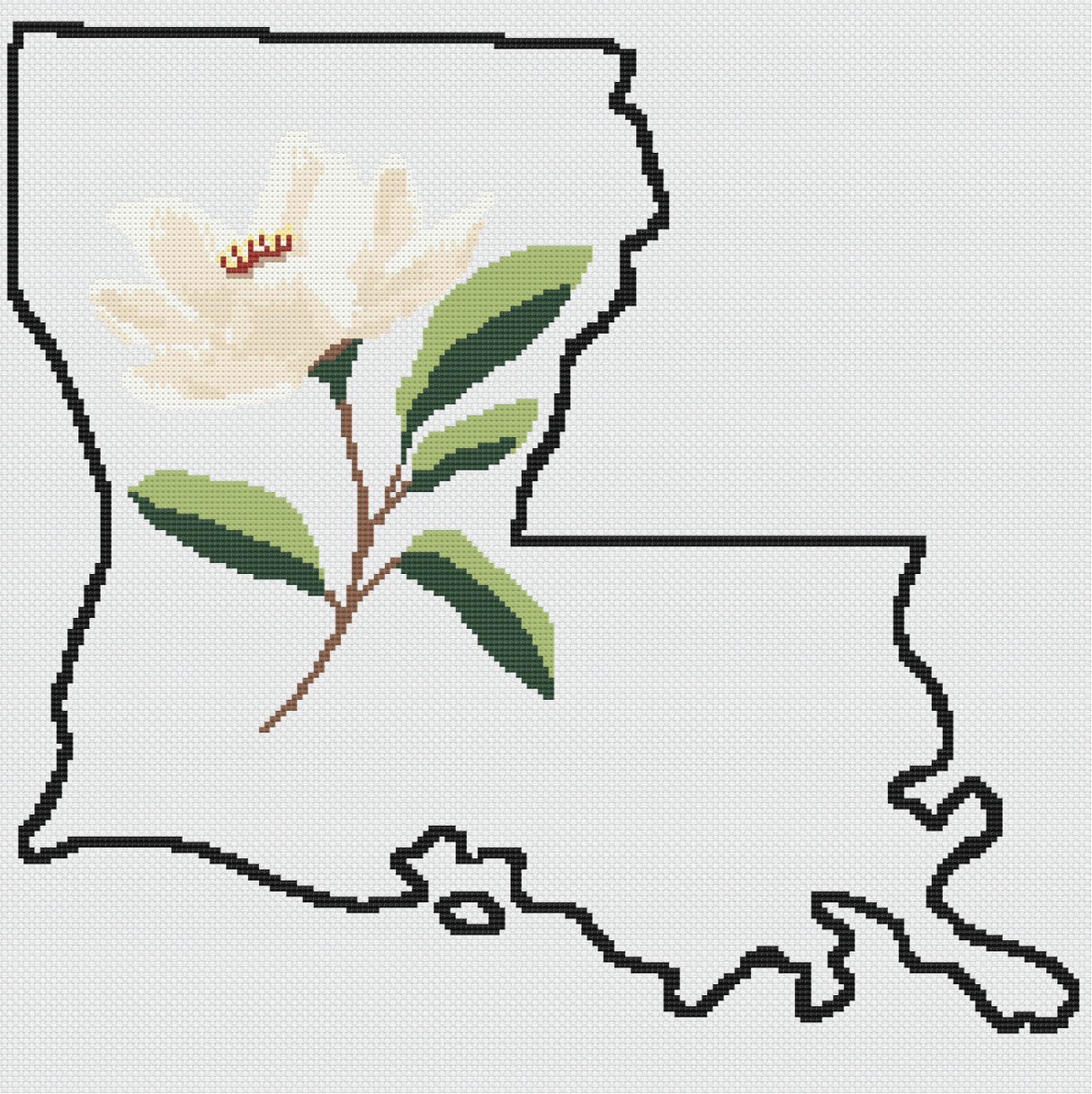 Louisiana & Magnolia Outline Map Black Cross Stitch Pattern