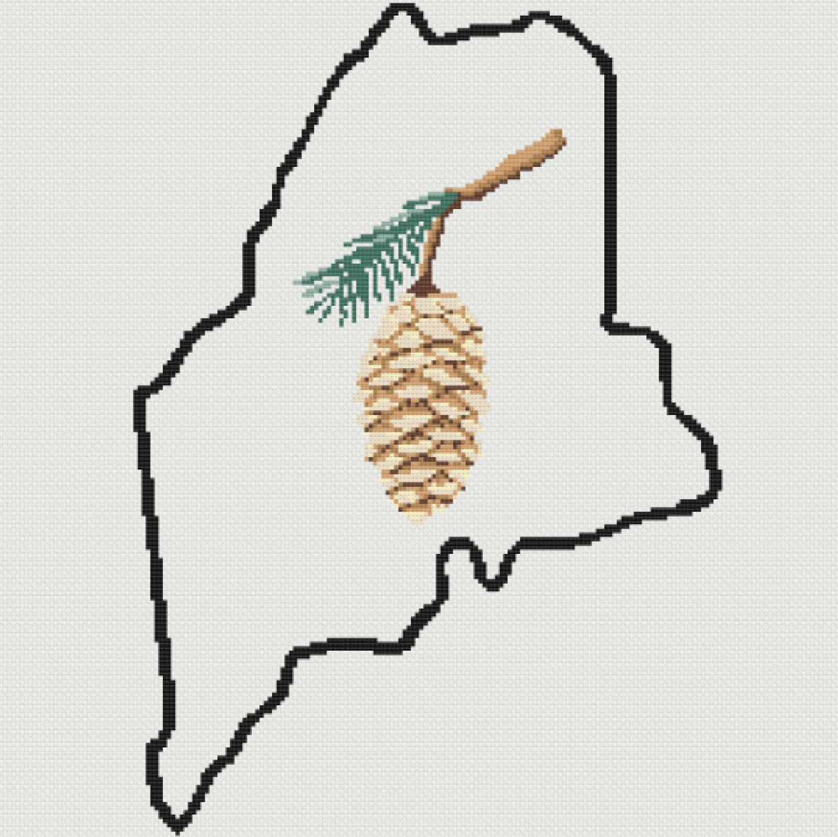 Maine & White Pine Cone and Tassel Outline Map Black Cross Stitch Pattern