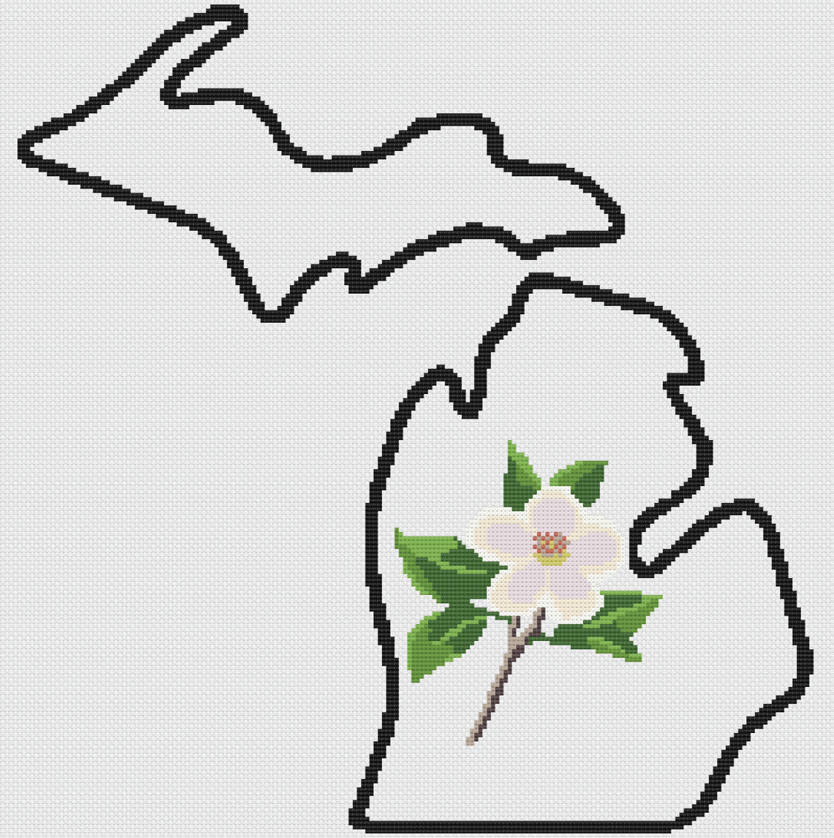 Michigan & Apple Blossom Outline Map Black Cross Stitch Pattern