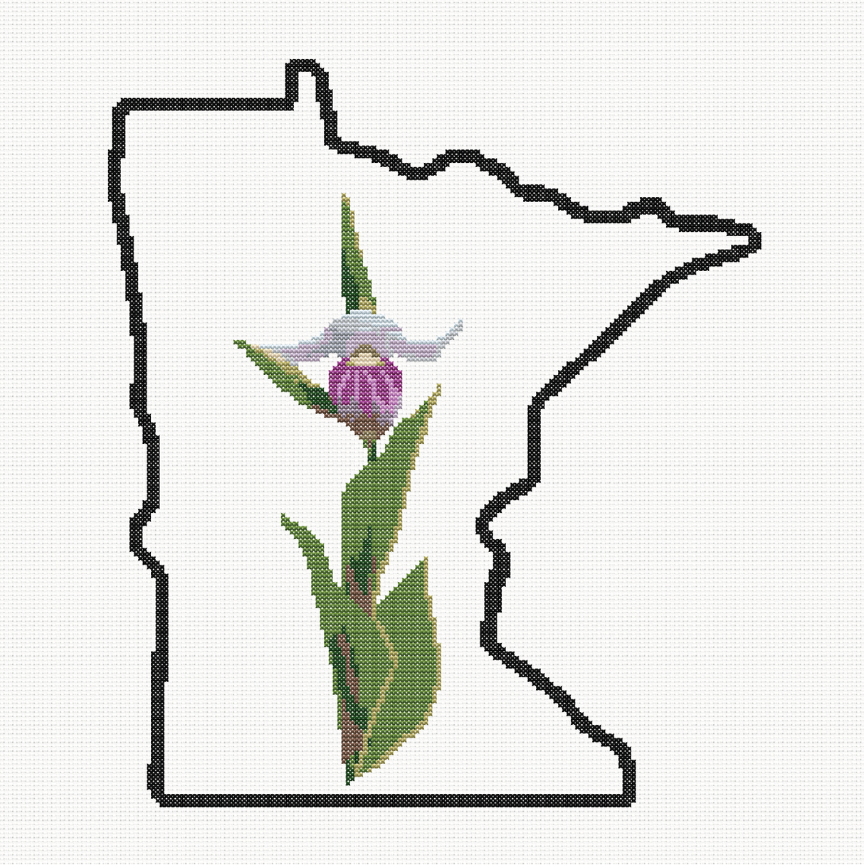 Minnesota & Showy Lady Slipper Outline Map Black Cross Stitch Pattern