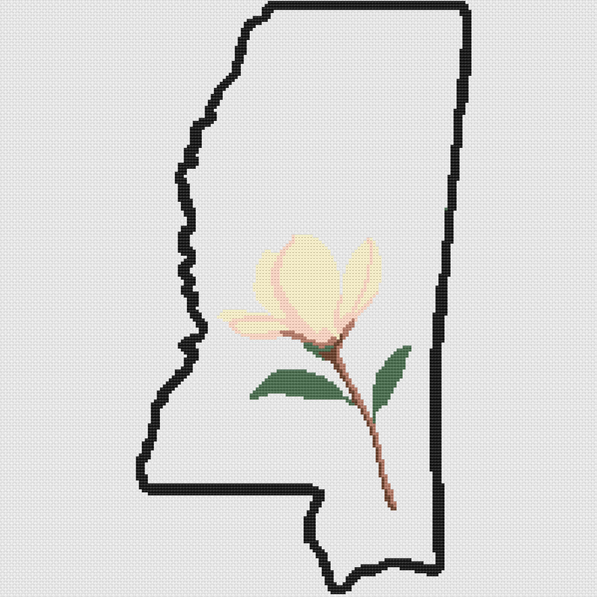 Mississippi & Magnolia Outline Map Black Cross Stitch Pattern