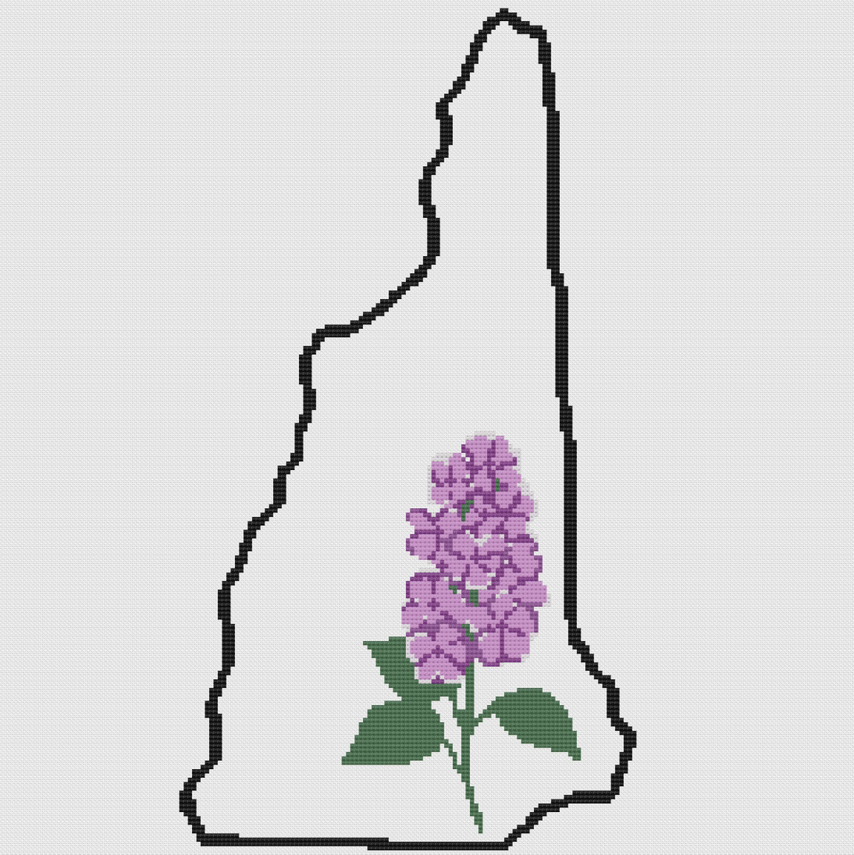 New Hampshire & Purple Lilac Outline Map Black Cross Stitch Pattern