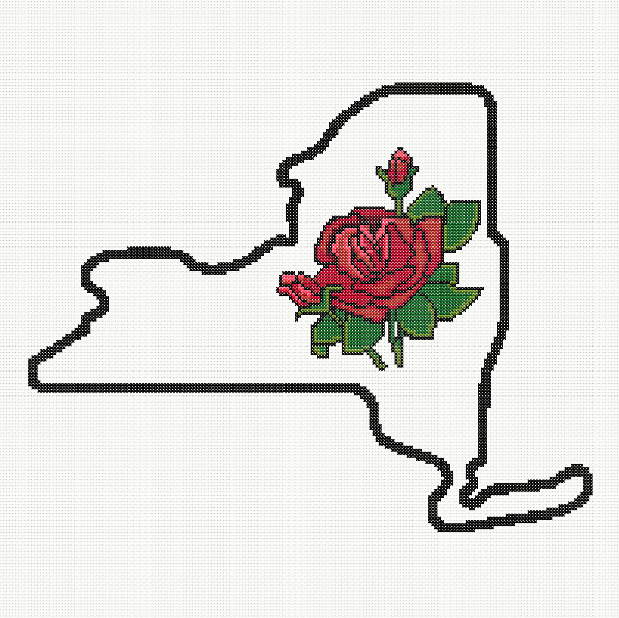 New York & Wild Rose Outline Map Black Cross Stitch Pattern