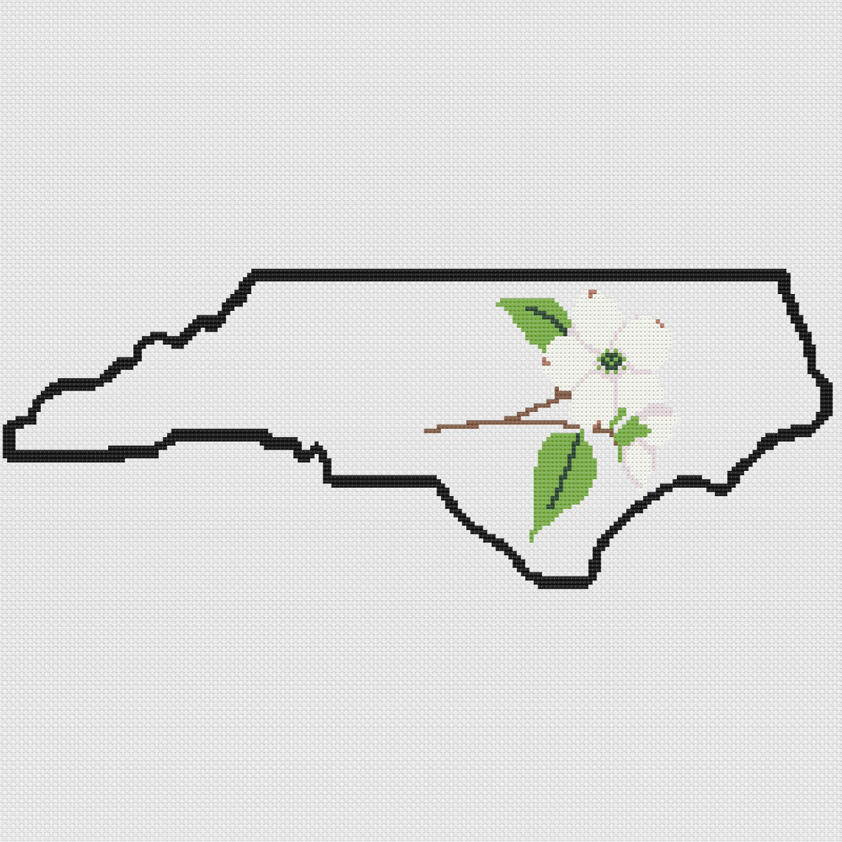 North Carolina & Flowering Dogwood Outline Map Black Cross Stitch Pattern