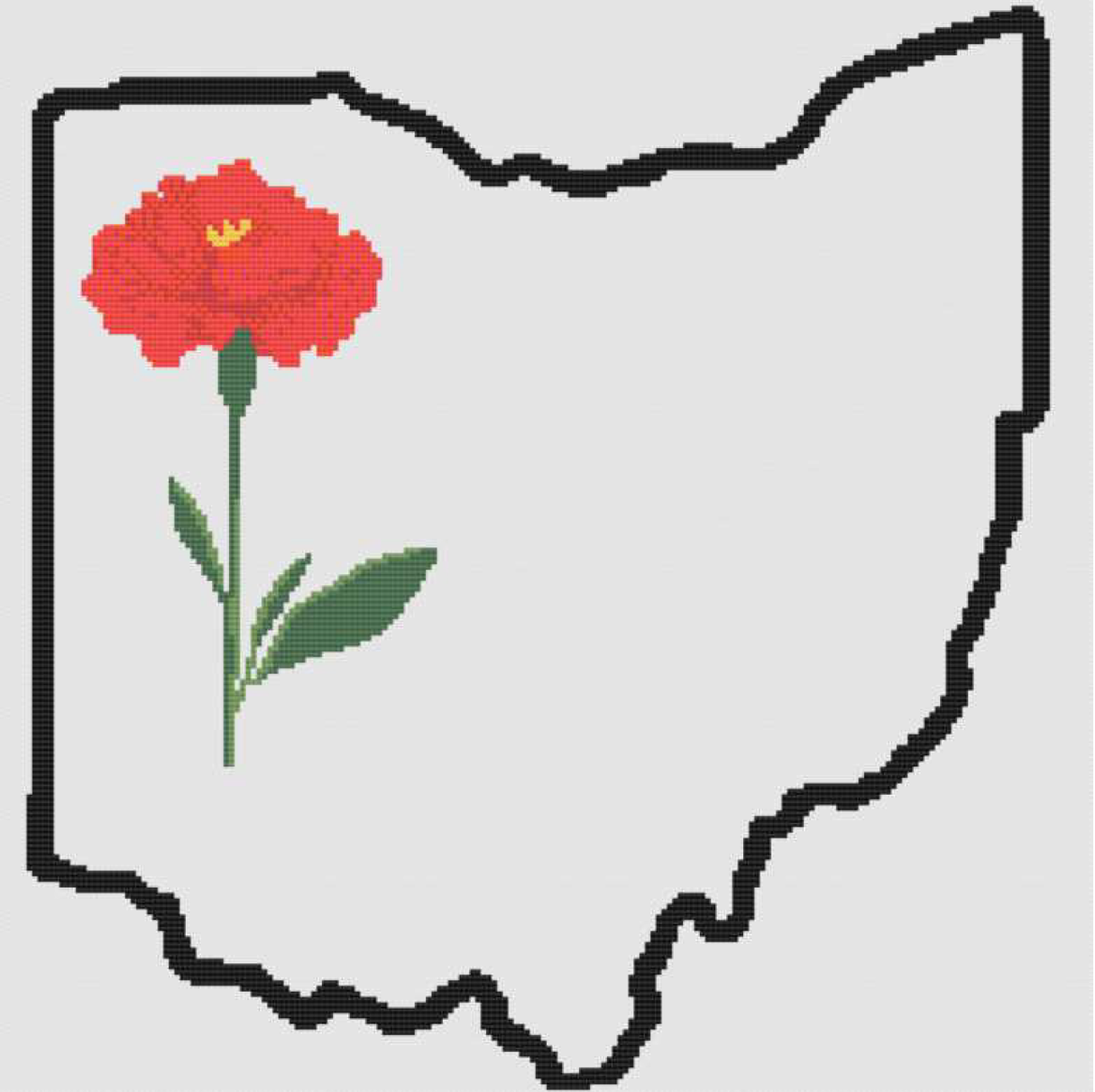 Ohio & Scarlet Carnation Outline Map Black Cross Stitch Pattern