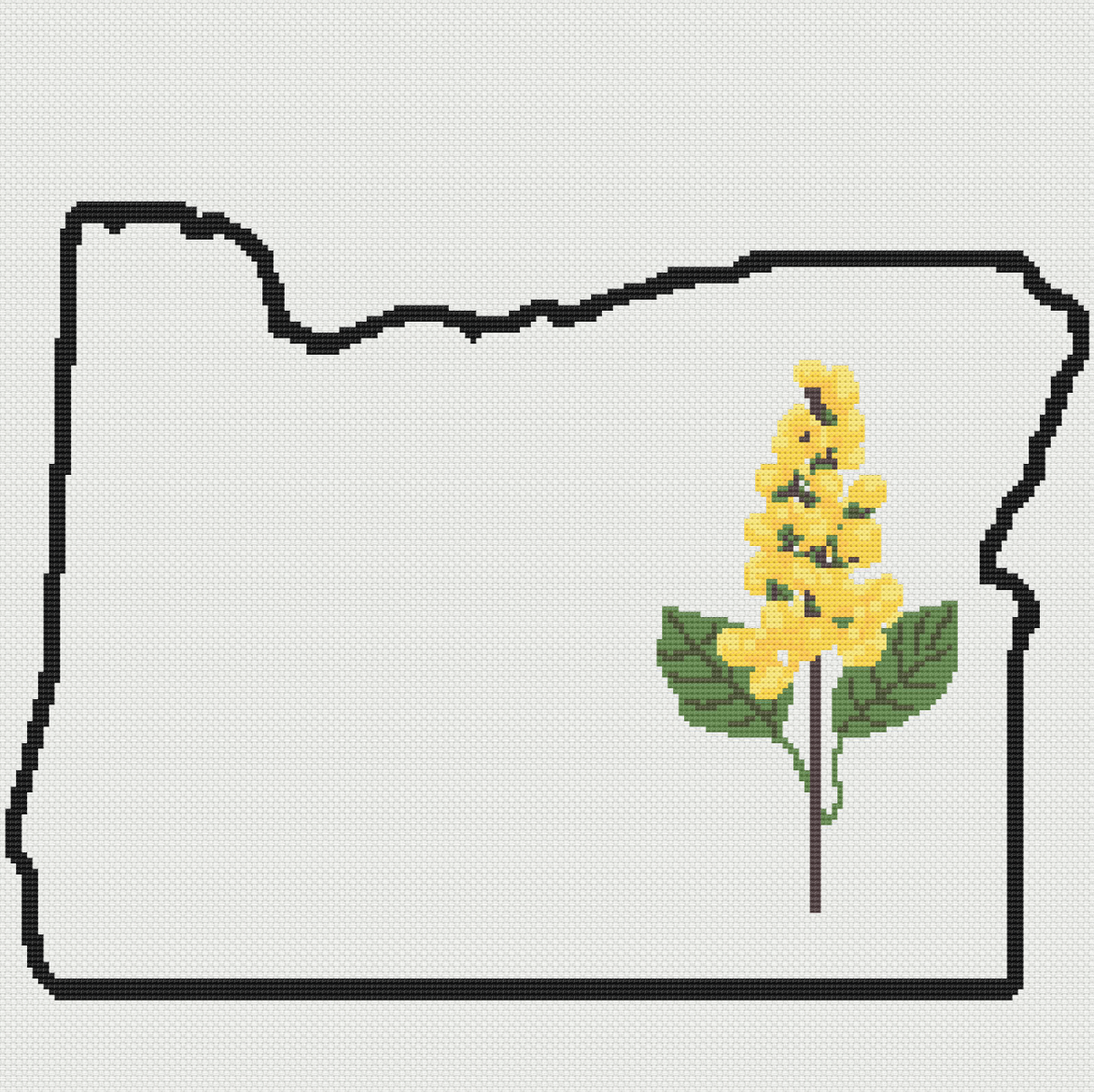 Oregon & Oregon Grape Outline Map Black Cross Stitch Pattern