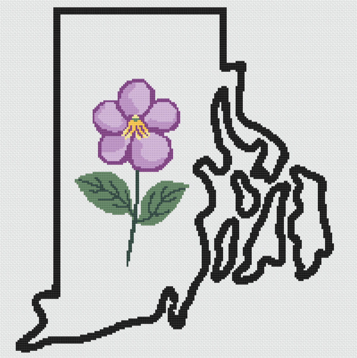 Rhode Island & Violet Outline Map Black Cross Stitch Pattern