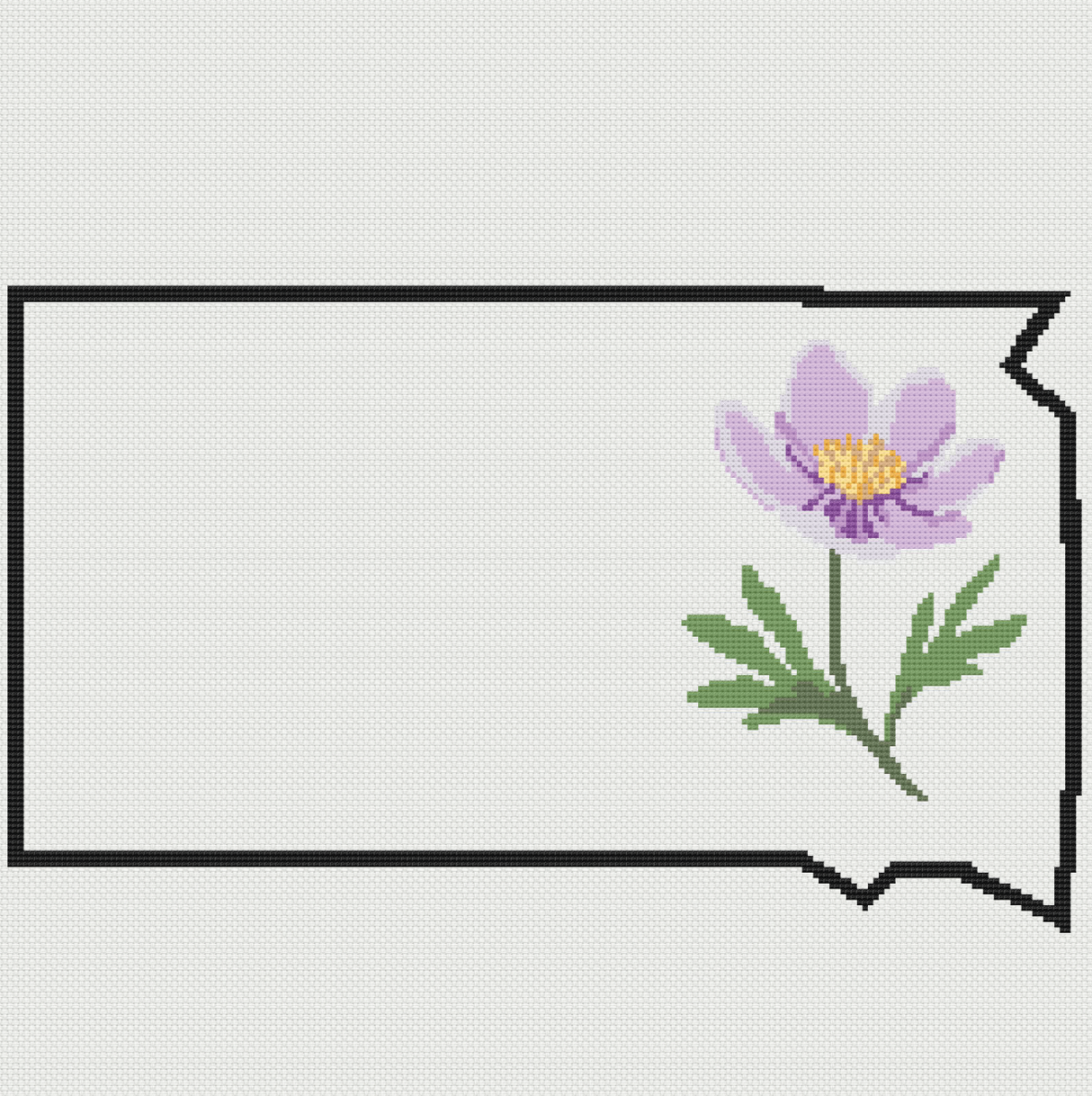 South Dakota & Pasque Flower Outline Map Black Cross Stitch Pattern