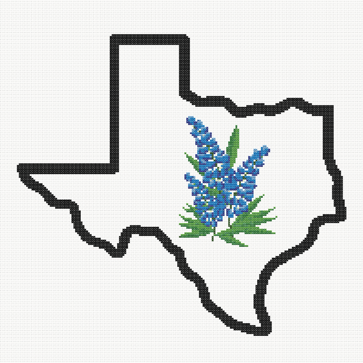 Texas & Bluebonnet Outline Map Black Cross Stitch Pattern