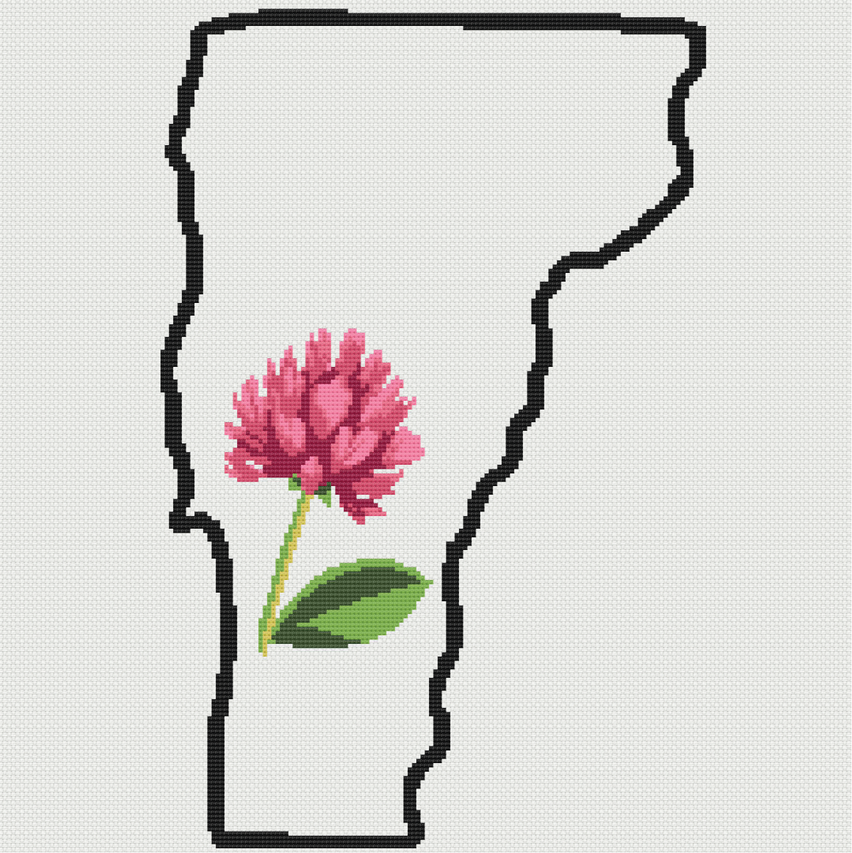 Vermont & Red Clover Outline Map Black Cross Stitch Pattern
