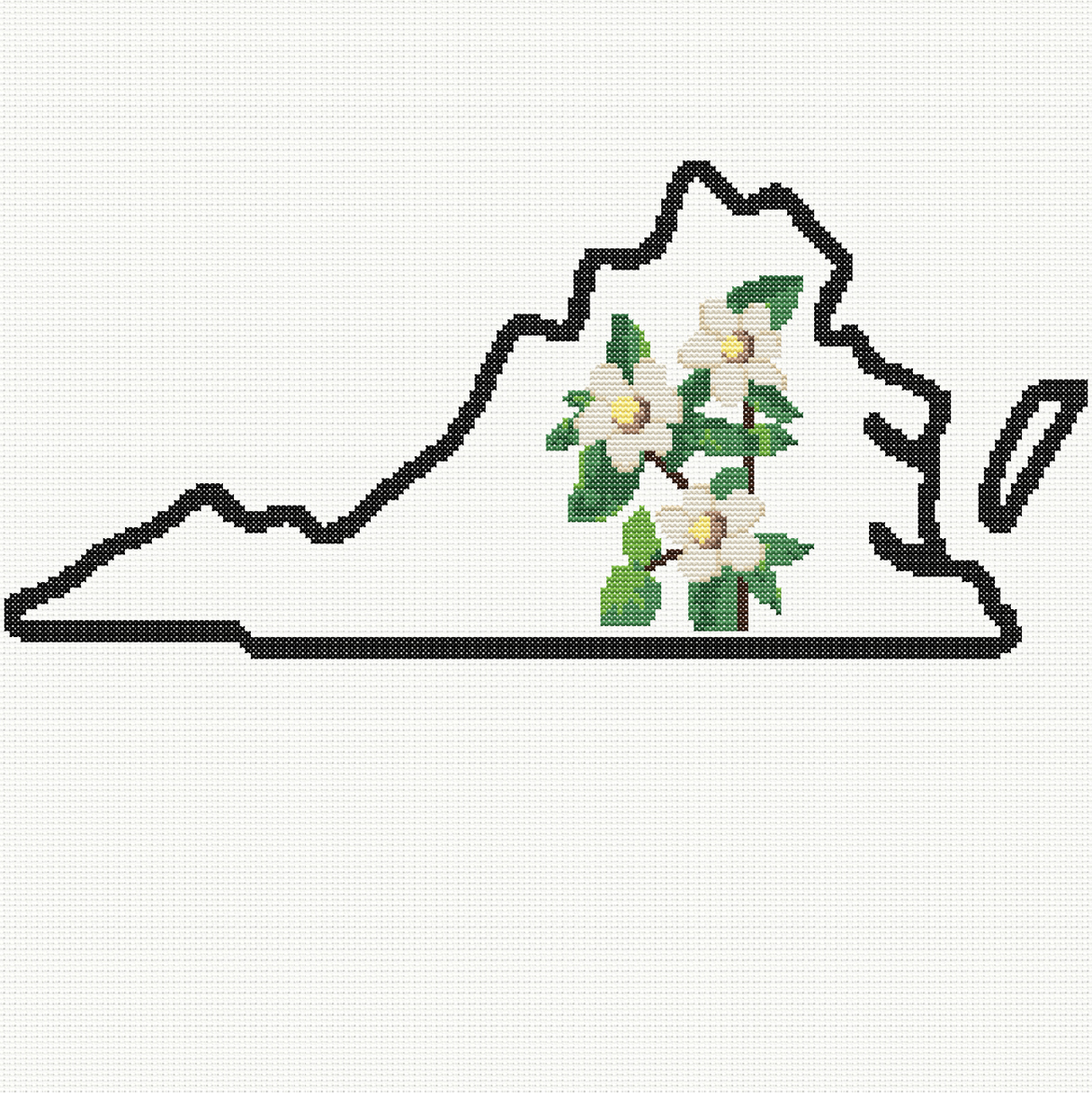 Virginia & Flowering Dogwood Outline Map Black Cross Stitch Pattern