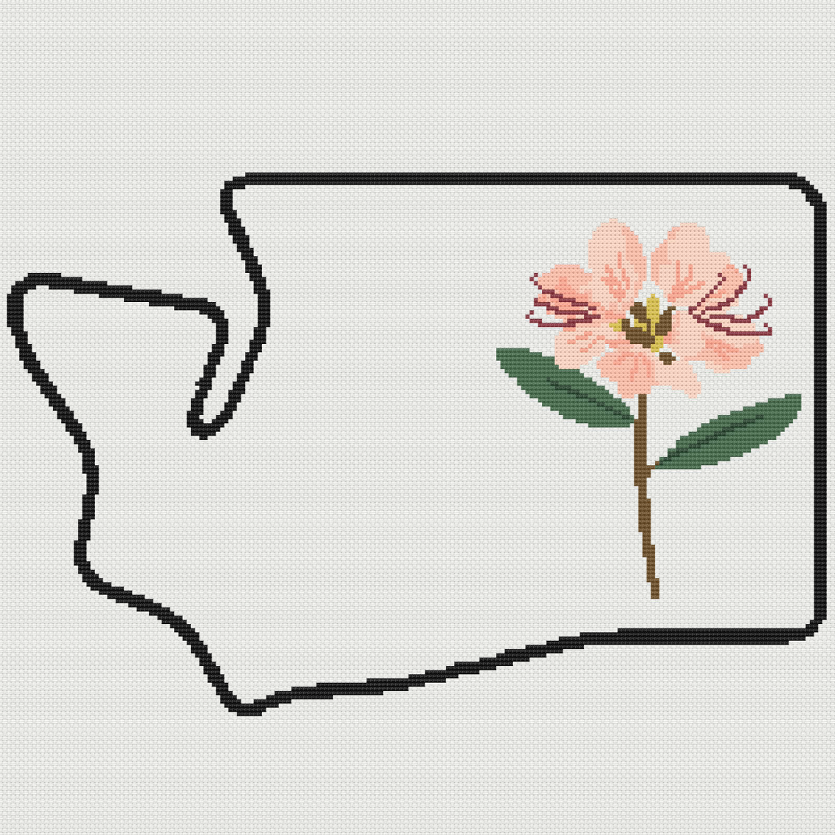 Washington & Coast Rhododendron Outline Map Black Cross Stitch Pattern
