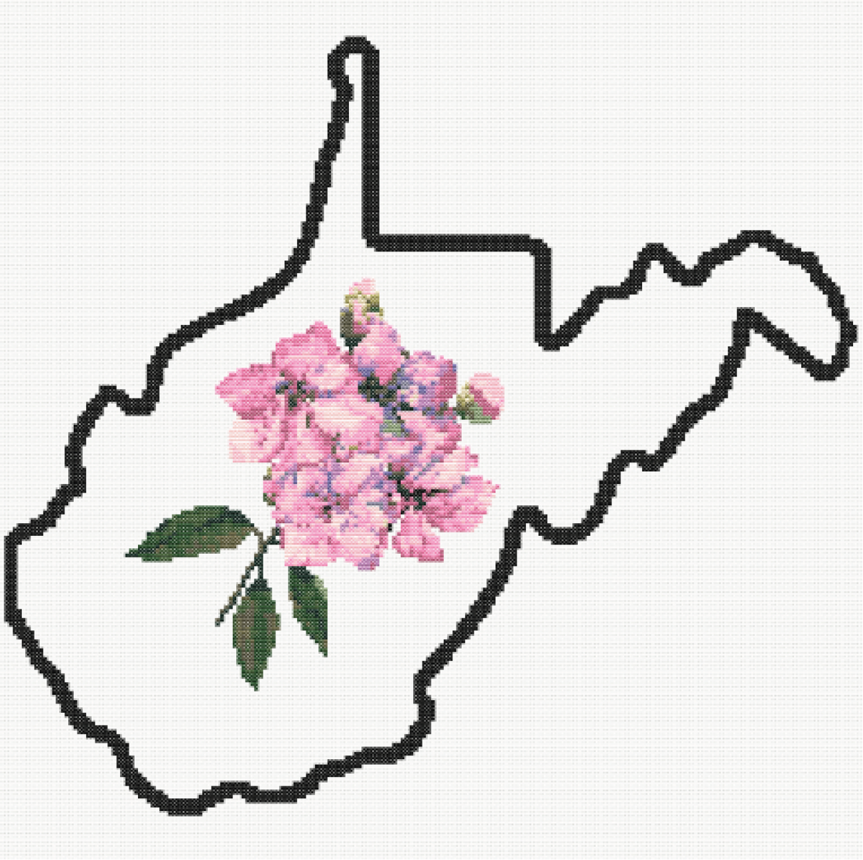 West Virginia & Rhododendron Outline Map Black Cross Stitch Pattern