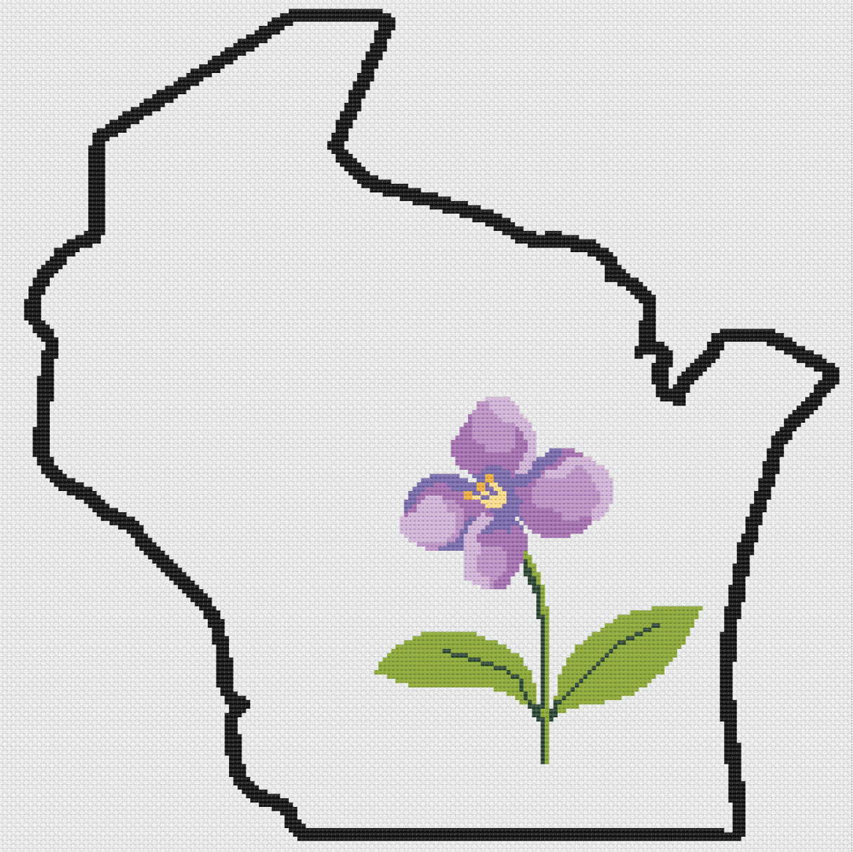 Wisconsin & Wood Violet Outline Map Black Cross Stitch Pattern
