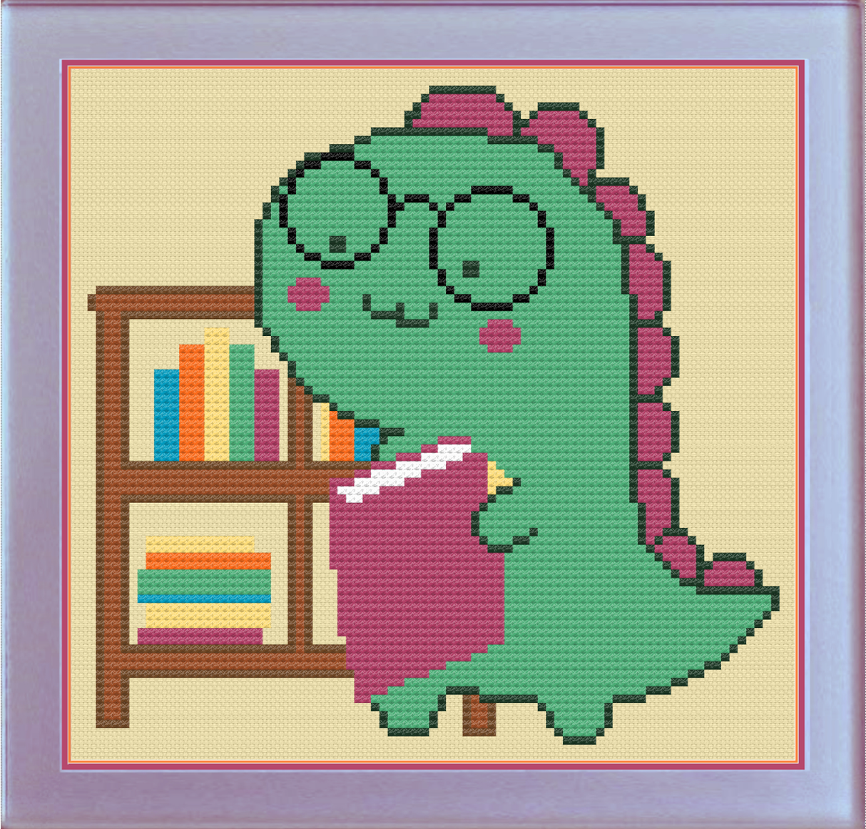 Bookworm Dinosaur Cross Stitch Pattern