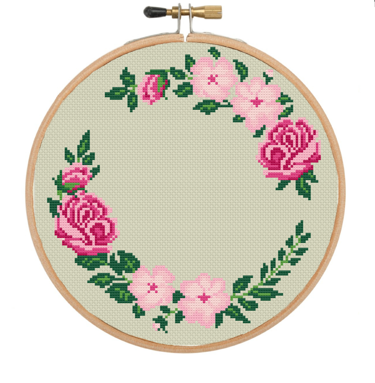 Pink Rose Wreath Cross Stitch Pattern