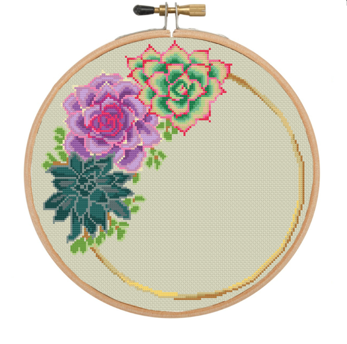 Succulent Gold Ring Wreath Cross Stitch Pattern