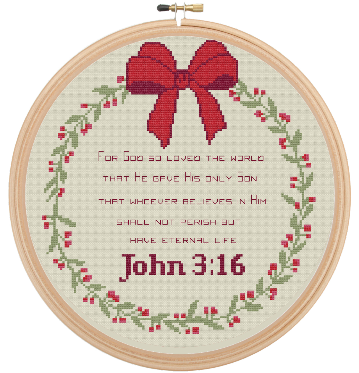 Ribbon Wreath – John 3:16 Cross Stitch Pattern