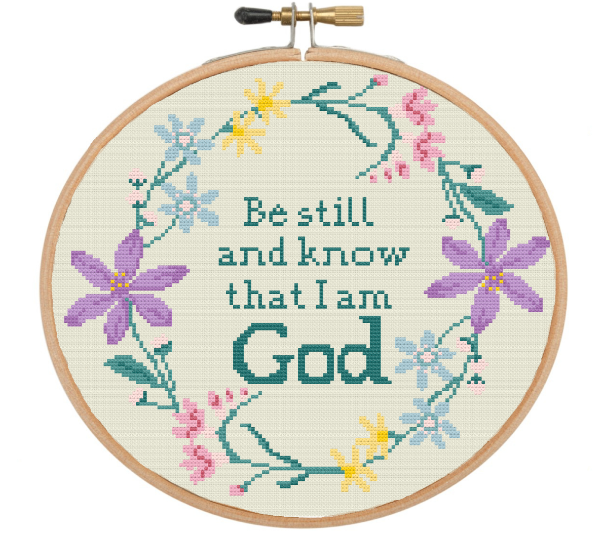 Spring Floral Wreath – Psalm 46:10 Cross Stitch Pattern