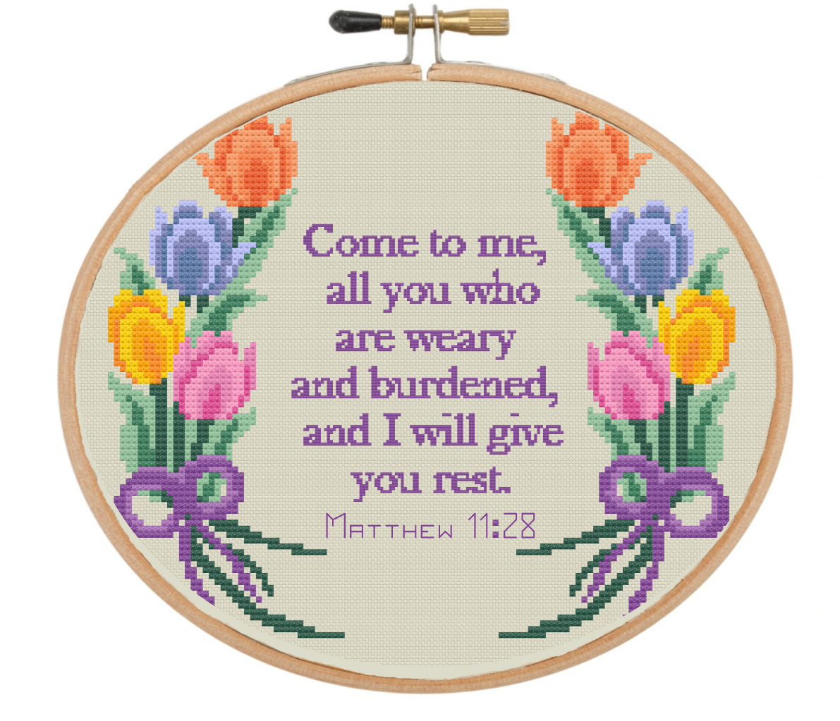 Tulip Wreath – Matthew 11:28 Cross Stitch Pattern