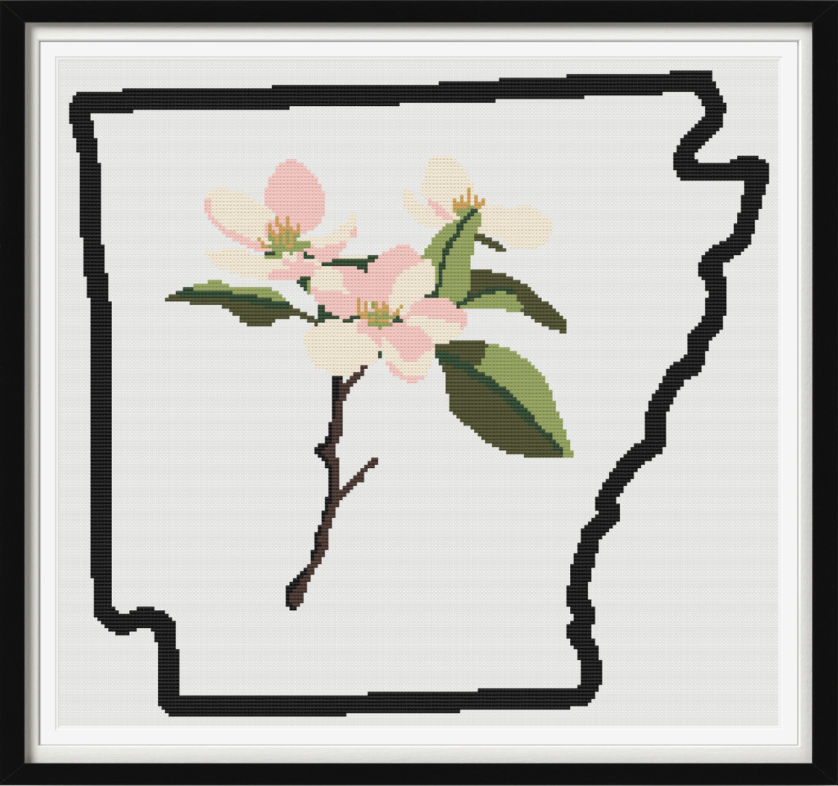 Arkansas & Apple Blossom Outline Map Black Cross Stitch Pattern
