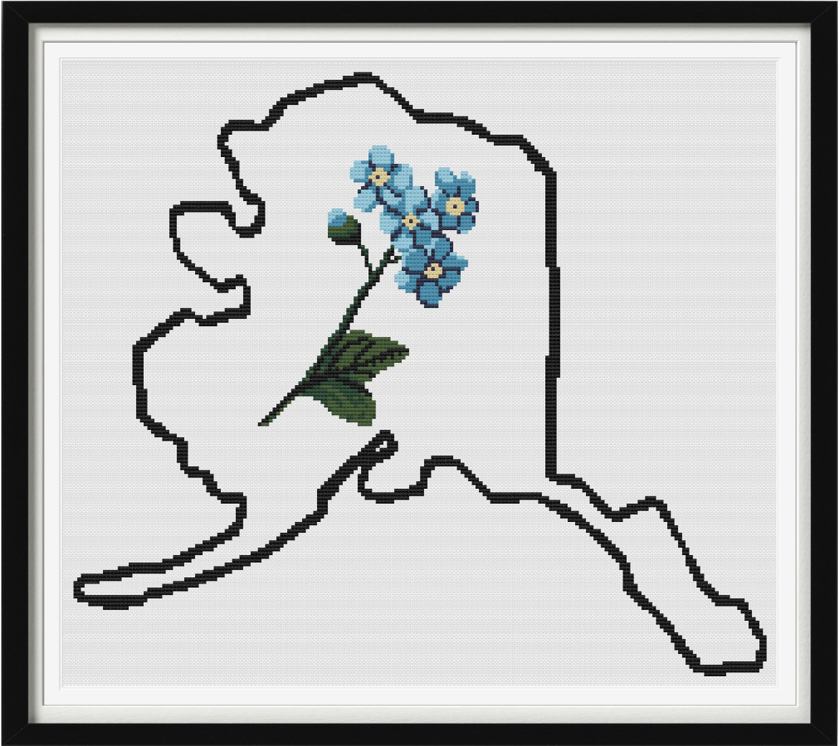 Alaska & Forget-me-not Outline Map Black Cross Stitch Pattern