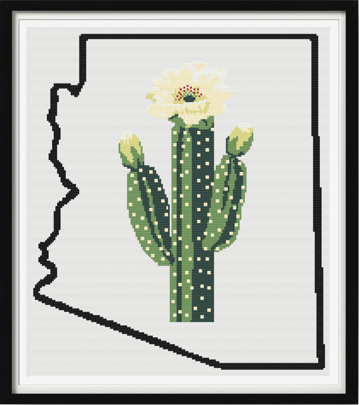 Arizona & Saguaro Cactus Blossom Outline Map Black Cross Stitch Pattern
